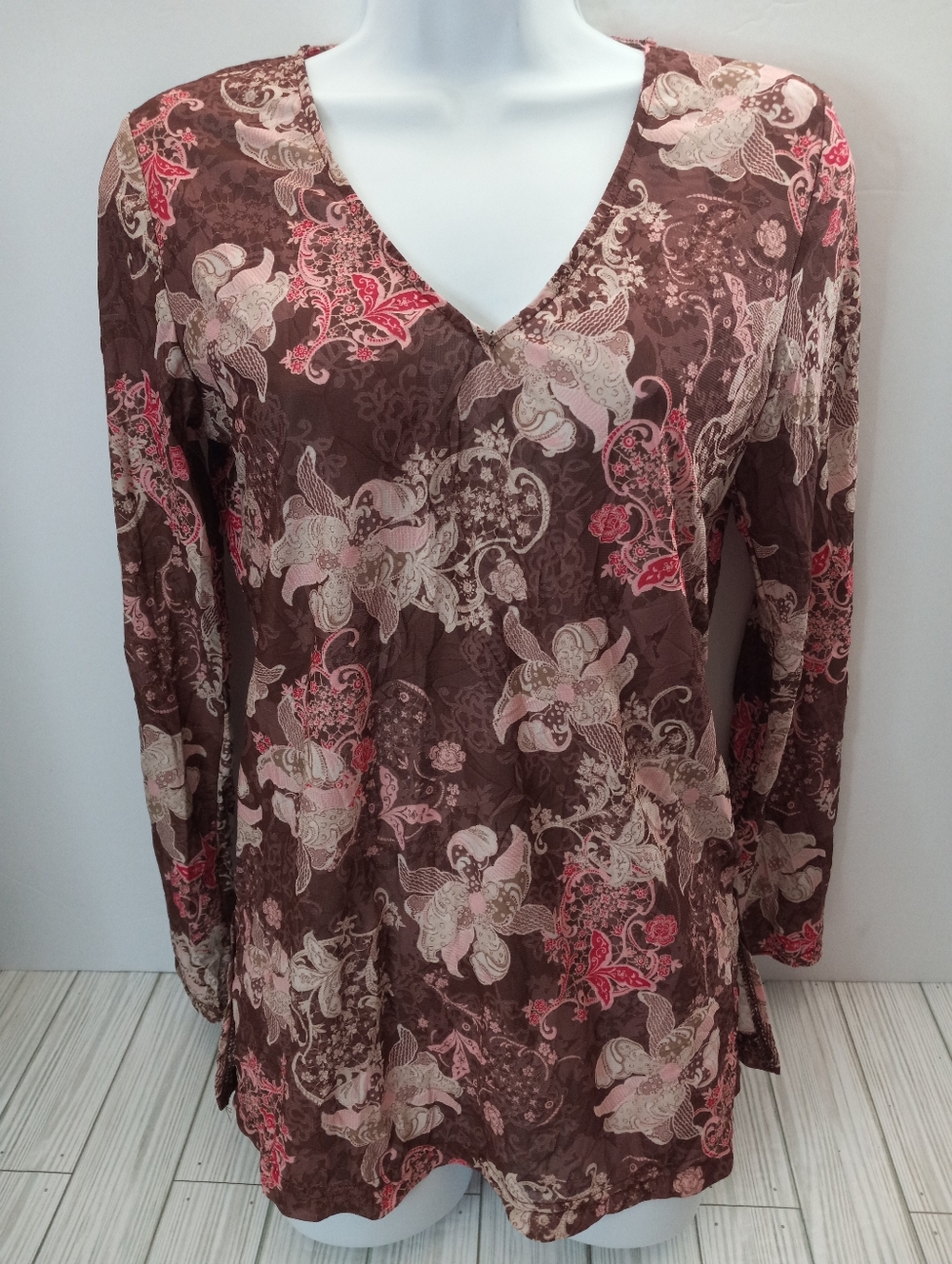 Faded Glory Y2K Hot Chocolate Brown & Pink Floral Fairycore Long Sleeve Vnec Top